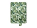 Green and white tropical leaf pattern picnic blanket with a small attached pouch.