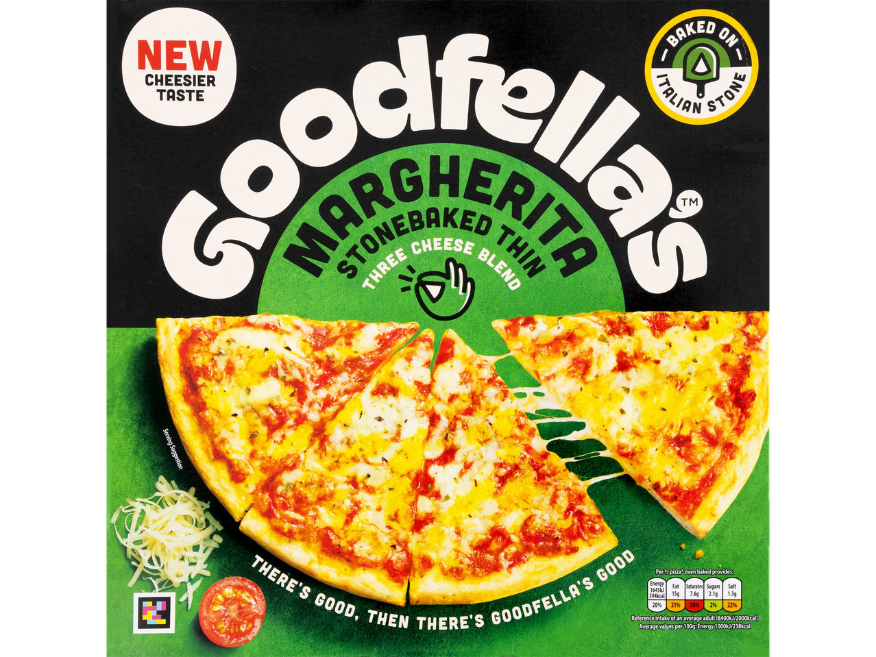 Goodfella's Margherita pizza, thin, stonebaked, three cheese blend.