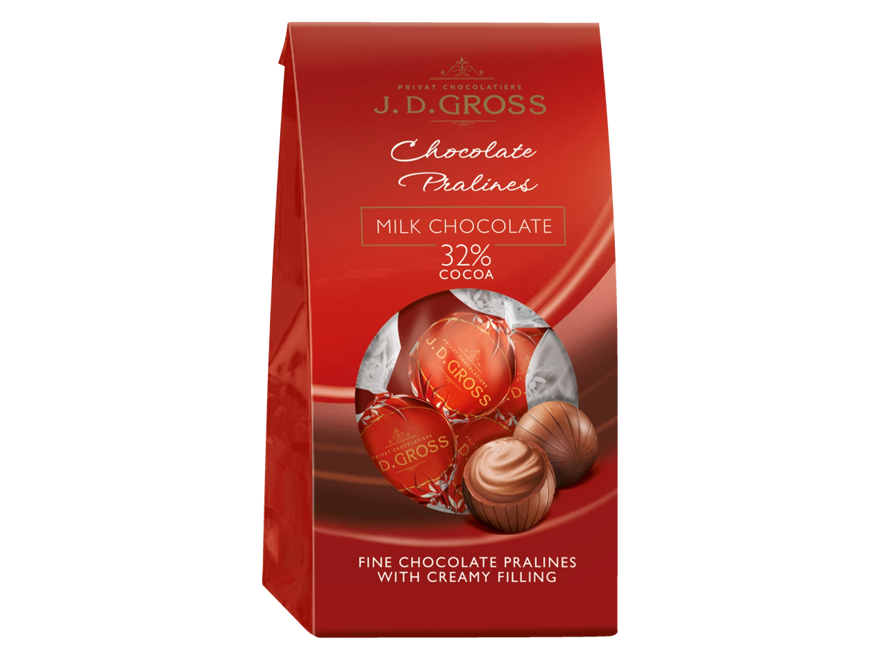 Pralines J.D.Gross au chocolat au lait, garnies d'un crémeux.