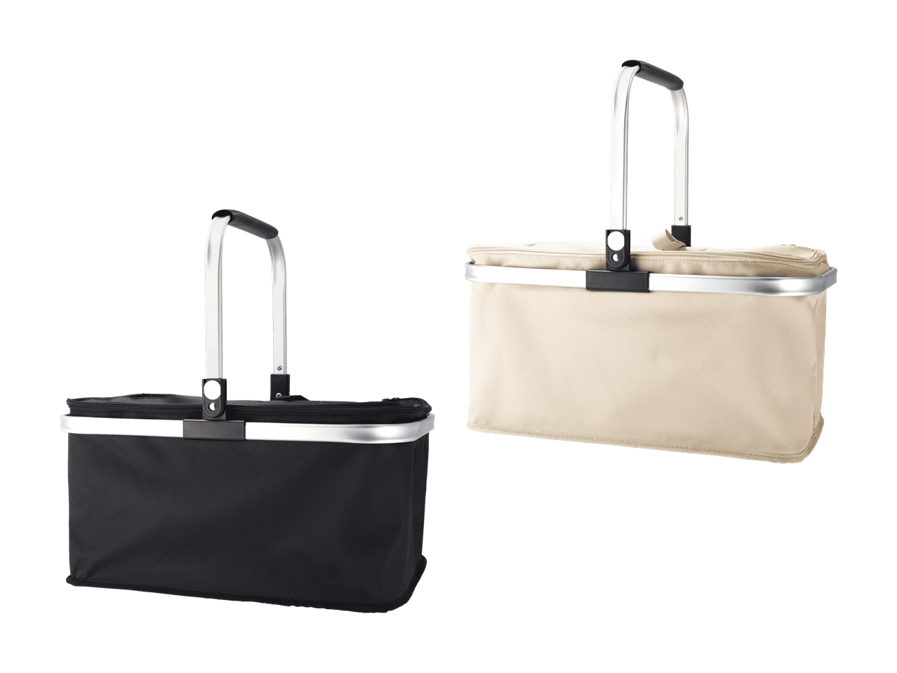 Deux paniers de pique-nique pliables, un noir et un beige, avec des poignées en aluminium.