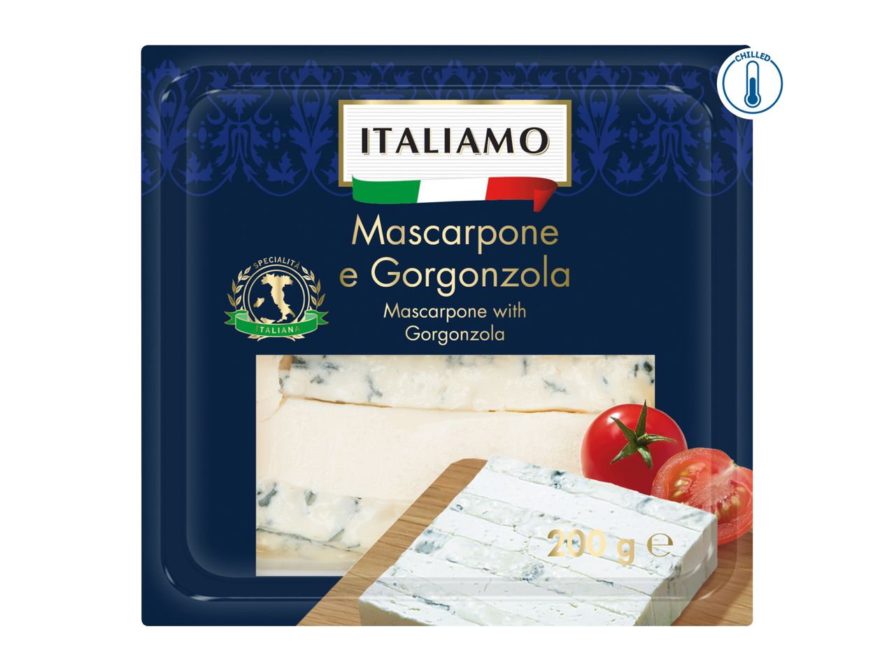 Packaging for Mascarpone and Gorgonzola cheese, with tomatoes and a chilled icon.