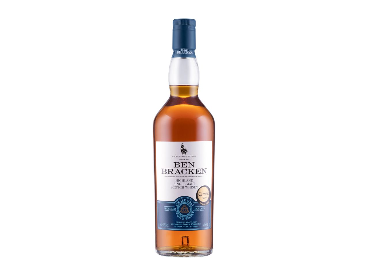 A bottle of Highland single malt Scotch whisky with a blue label and cap.