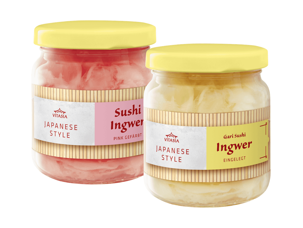 Zwei Gläser eingelegten Ingwers von Dallmayr: rosa und gelb.