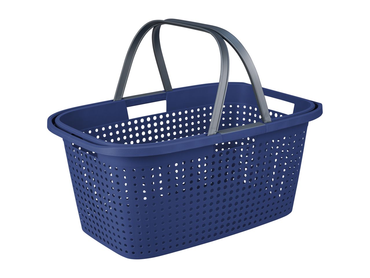A navy blue plastic laundry basket with gray handles.