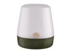 Portable camping lantern with a white top and a dark green base, featuring a power button.