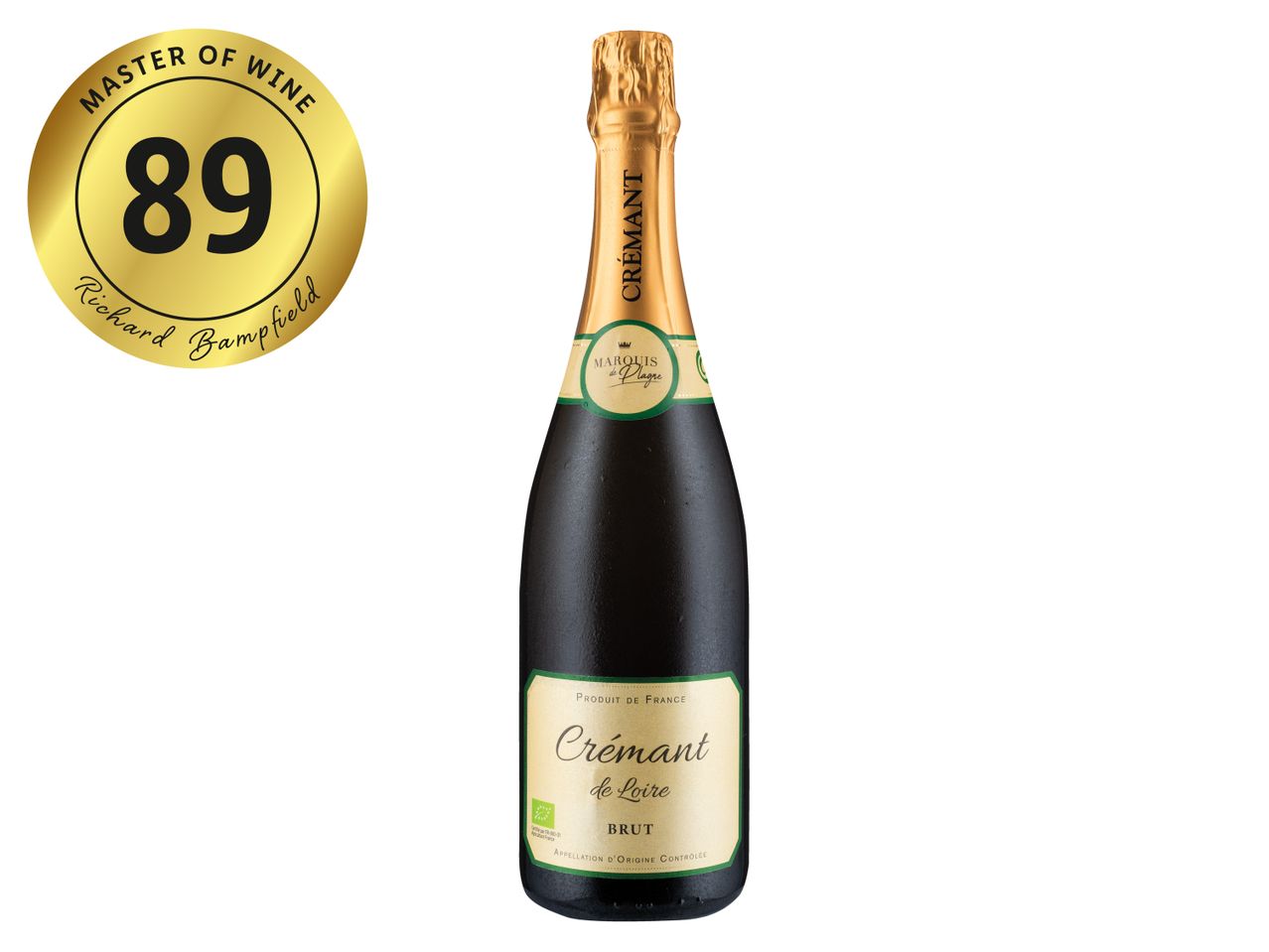 Marquis de Plagne Crémant de Loire Brut sparkling wine with an 89-point Master of Wine rating.