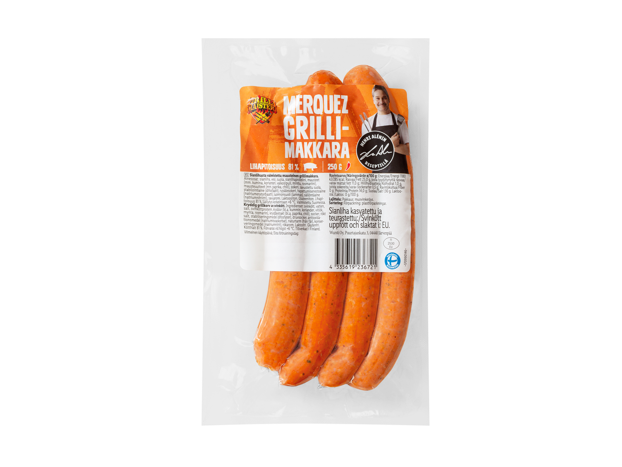 Merguez-grillimakkara pakkauksessa, jossa on kokin kuva ja tuotetiedot.