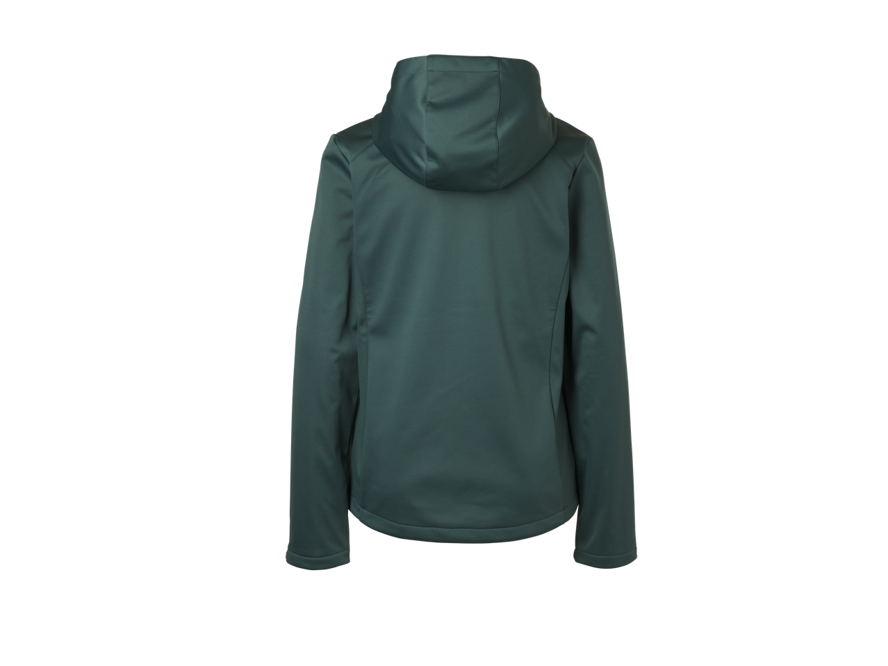 Casaco softshell feminino verde-escuro com capuz.
