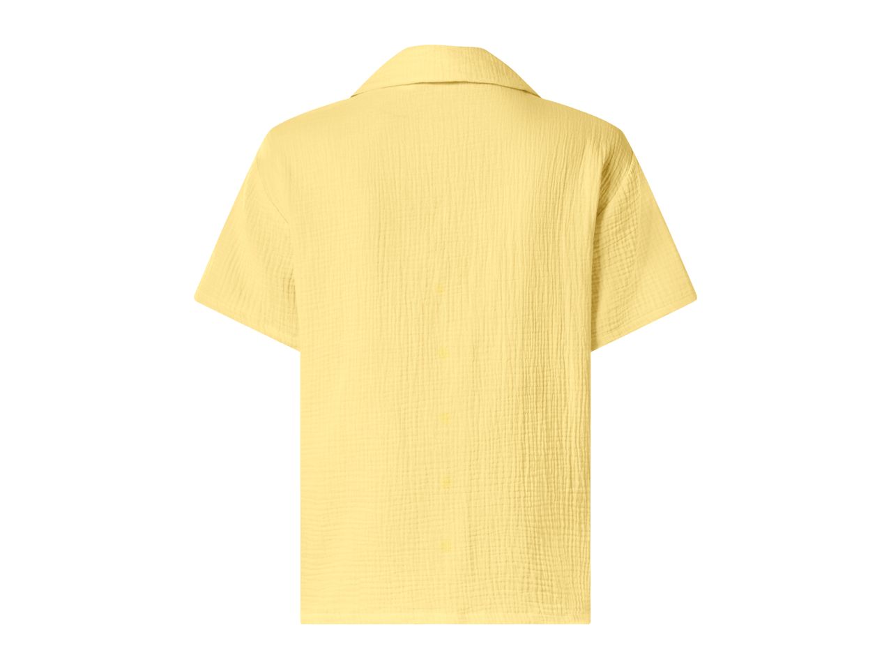 Back view of a yellow short-sleeved shirt with a collar, made from a textured fabric.