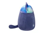 A plush toy of a dark blue cat with a galaxy-patterned head and a unicorn horn.