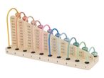Wooden abacus with colorful beads and subtraction problems for learning math.