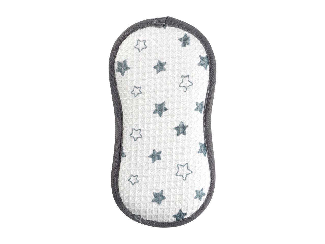 A gray-trimmed white pot holder with a star pattern.