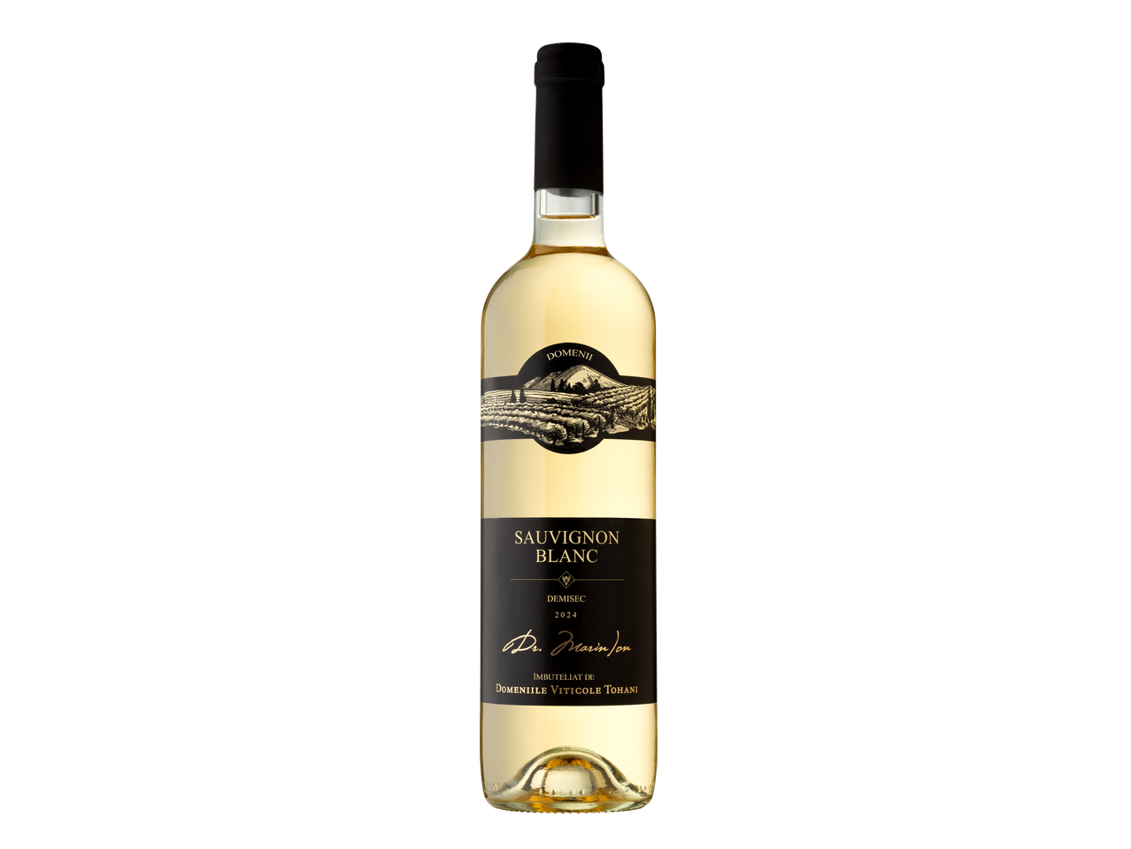 O sticlă de vin Domenii Sauvignon Blanc Demisec 2024.