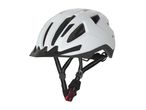 White bicycle helmet with black visor and straps, featuring reflective elements.