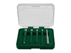 Drill bit set with diamond-coated and carbide-tipped bits in a green and clear case.