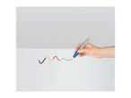A hand holding a multi-color pen drawing a wavy line on a white surface.