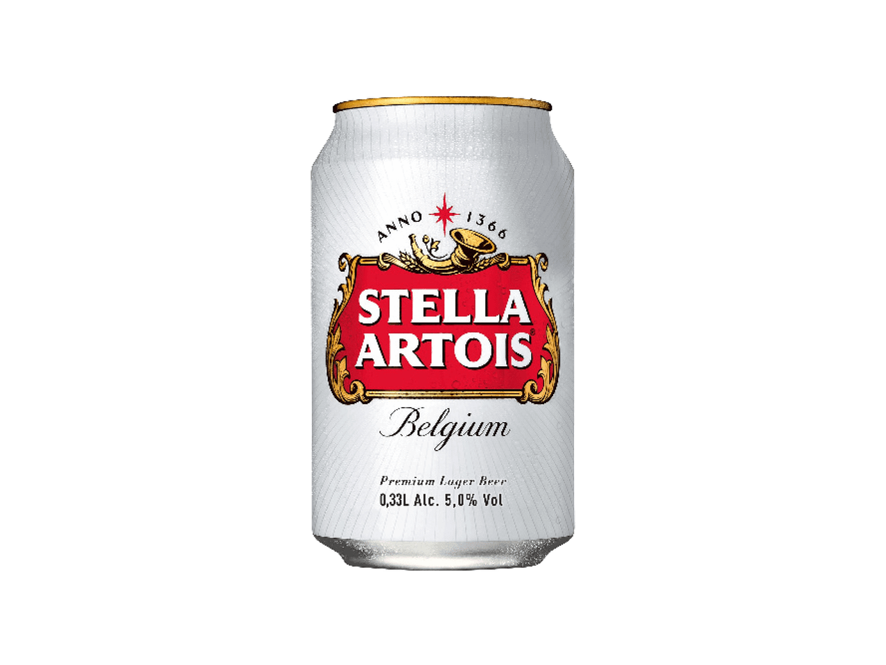 Limena konzerva piva sa crvenom etiketom i zlatnim detaljima, sa tekstom „Premium Lager Beer 0,33L Alc. 5,0% Vol“.