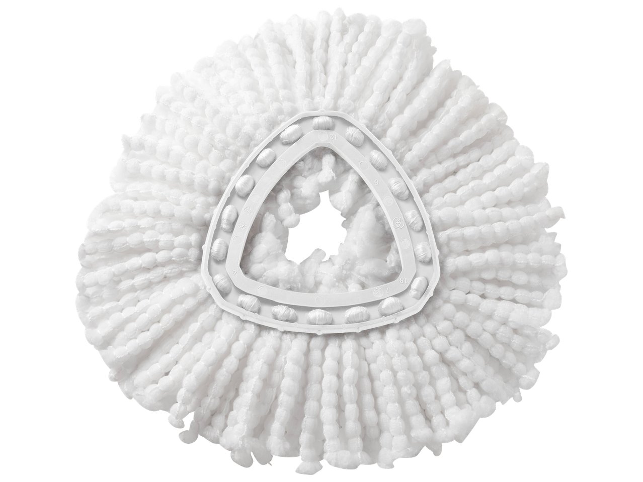 Tête de balai serpillière blanche en microfibre sur fond noir.
