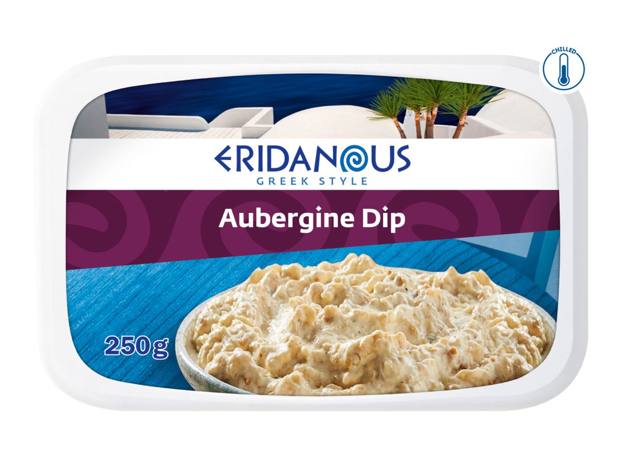 Eridanous Greek Style Aubergine Dip, 250g, in a white container with a blue and purple label.