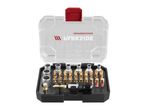 Open bit and socket set in a clear case with red accents, featuring various gold-colored bits and silver sockets.