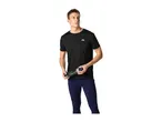 Man in black sports t-shirt and navy leggings holding a water bottle.