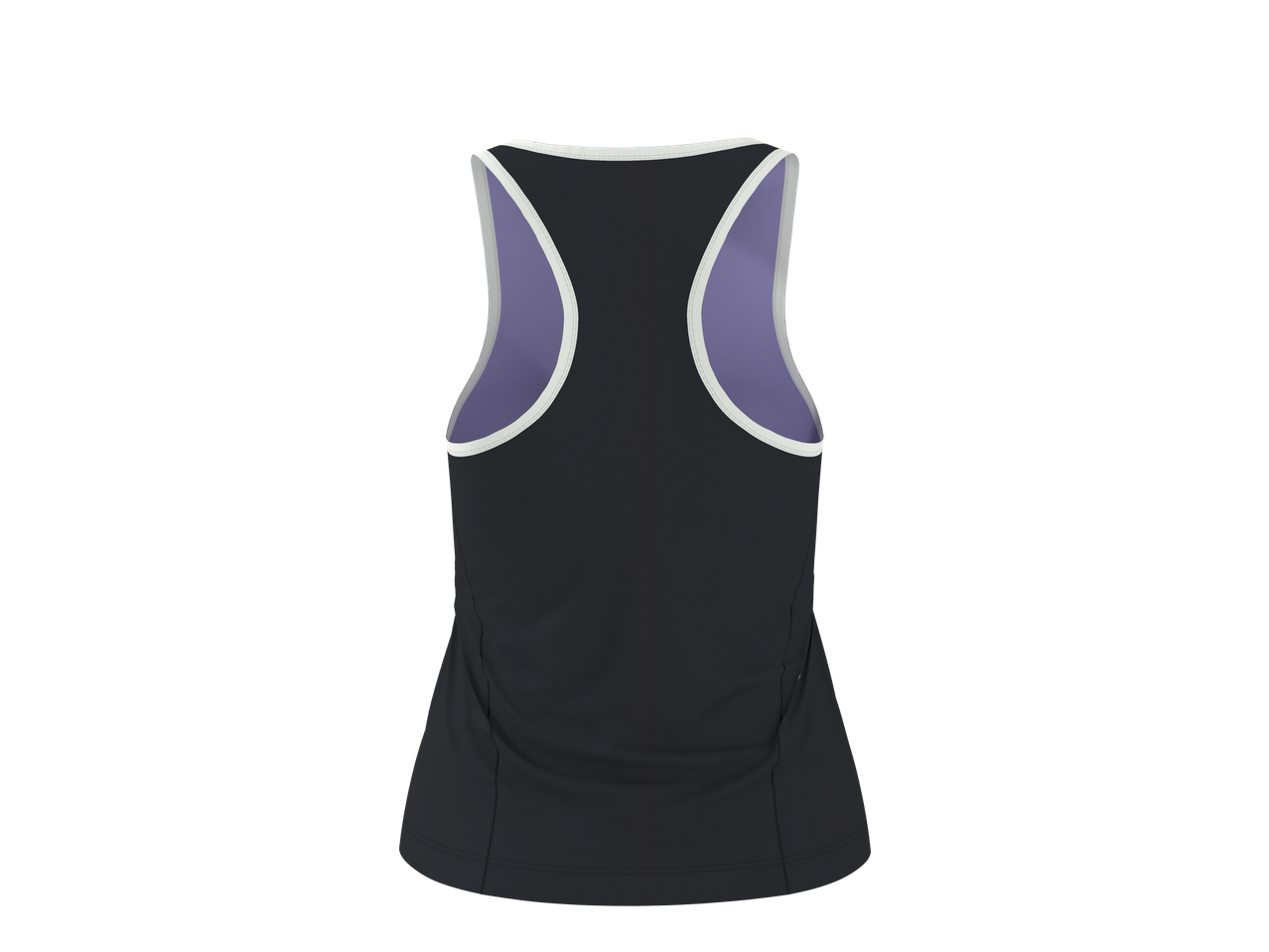 Top desportivo CRIVIT para senhora, preto com alças roxas e orlas brancas.