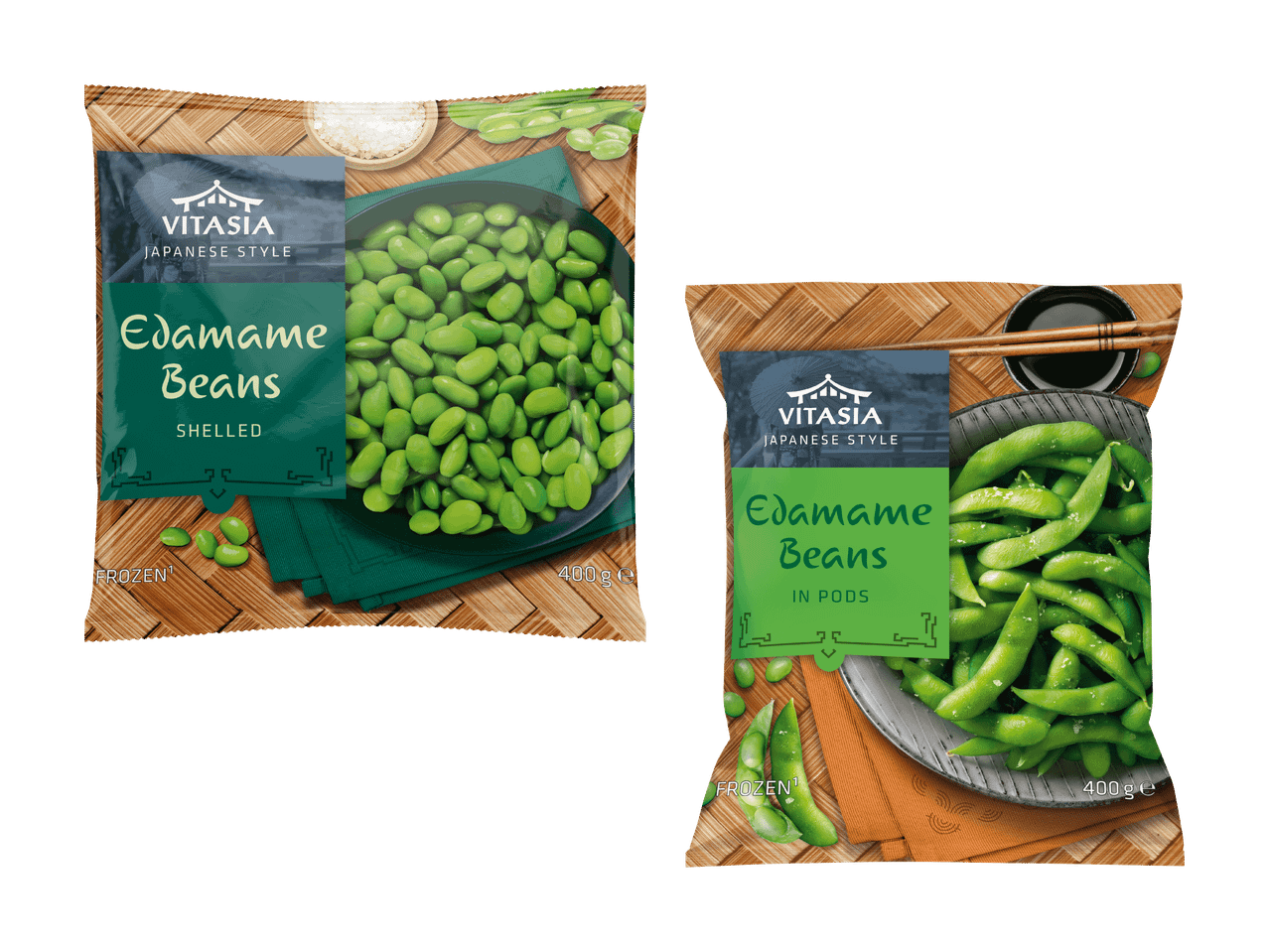 Deux paquets d'edamame, l'un décortiqué et l'autre en gousses, tous deux congelés.