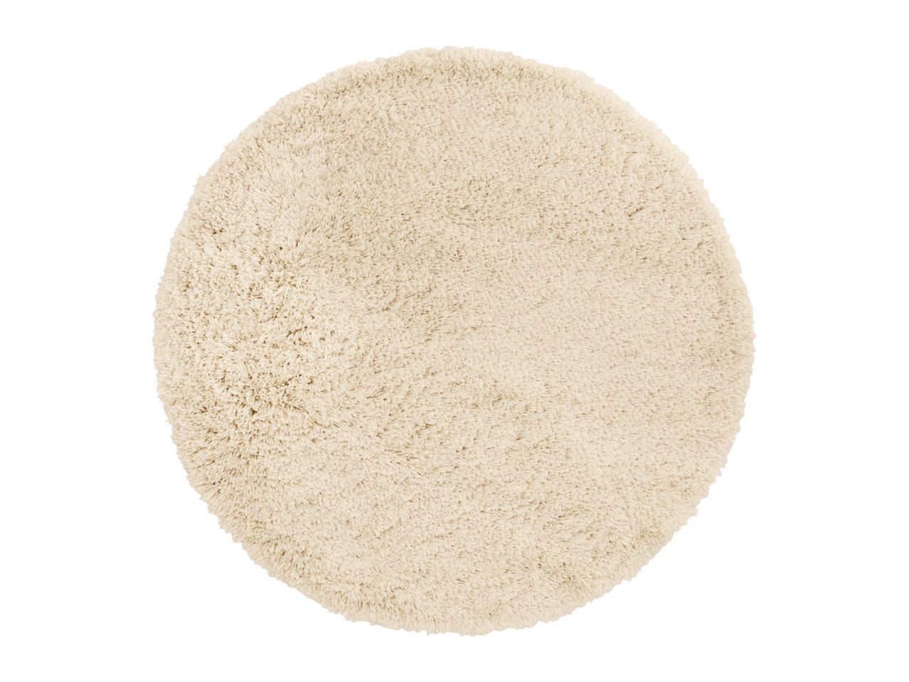 Round cream-colored shag rug with a soft, fluffy texture.