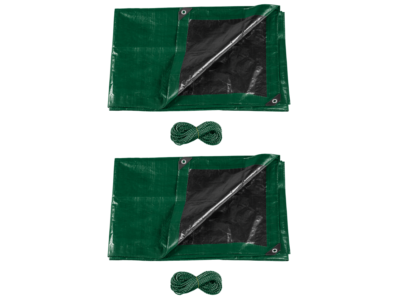 Two green PARKSIDE® tarpaulins with ropes.