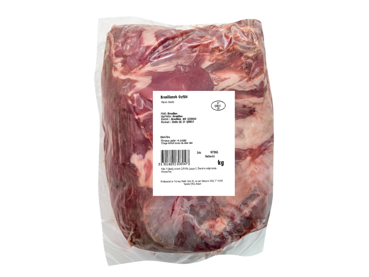 Vakuumförpackad brasiliansk oxfilé med etikett som anger ursprung och bäst före-datum.