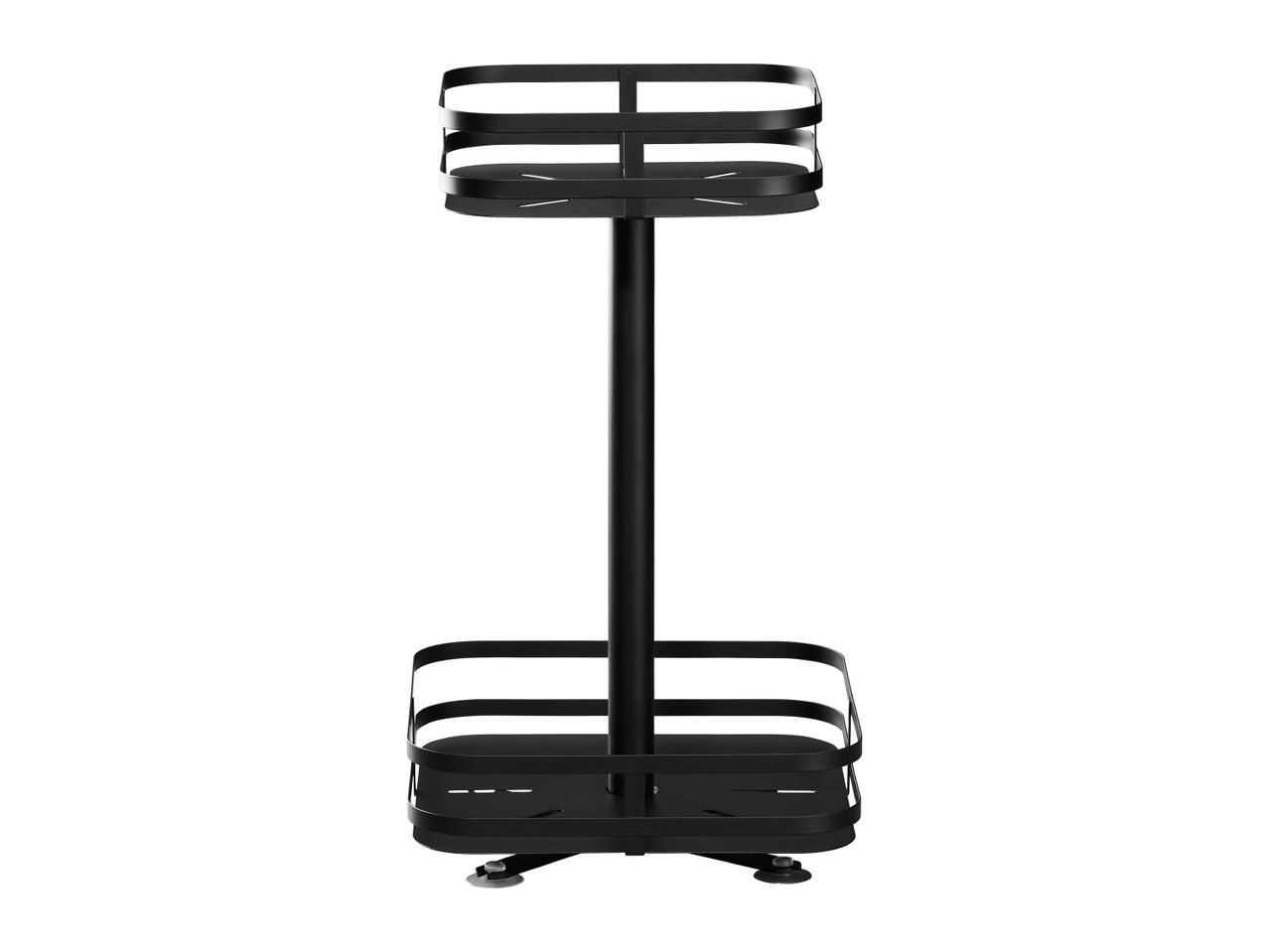 Black metal shower caddy with two rectangular shelves and a central pole