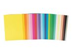 A fan of assorted colorful craft paper sheets.
