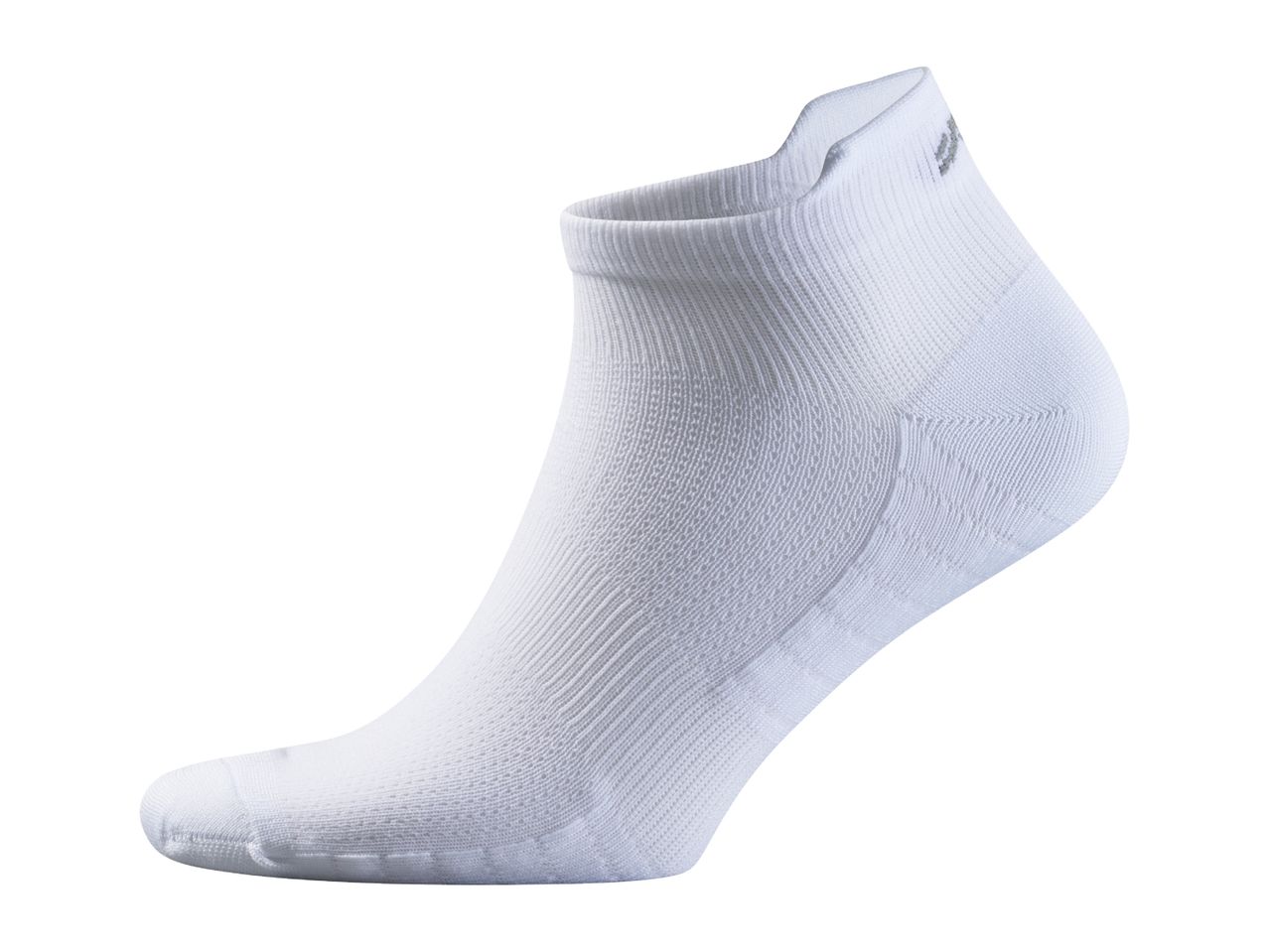 White ankle sock with textured knit patterns and a small grey logo on the cuff