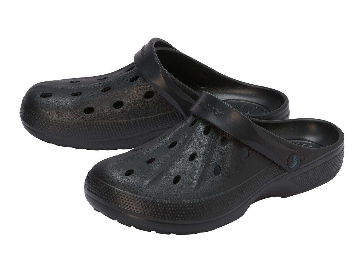 Pair of black clogs with ventilation holes and a movable heel strap.