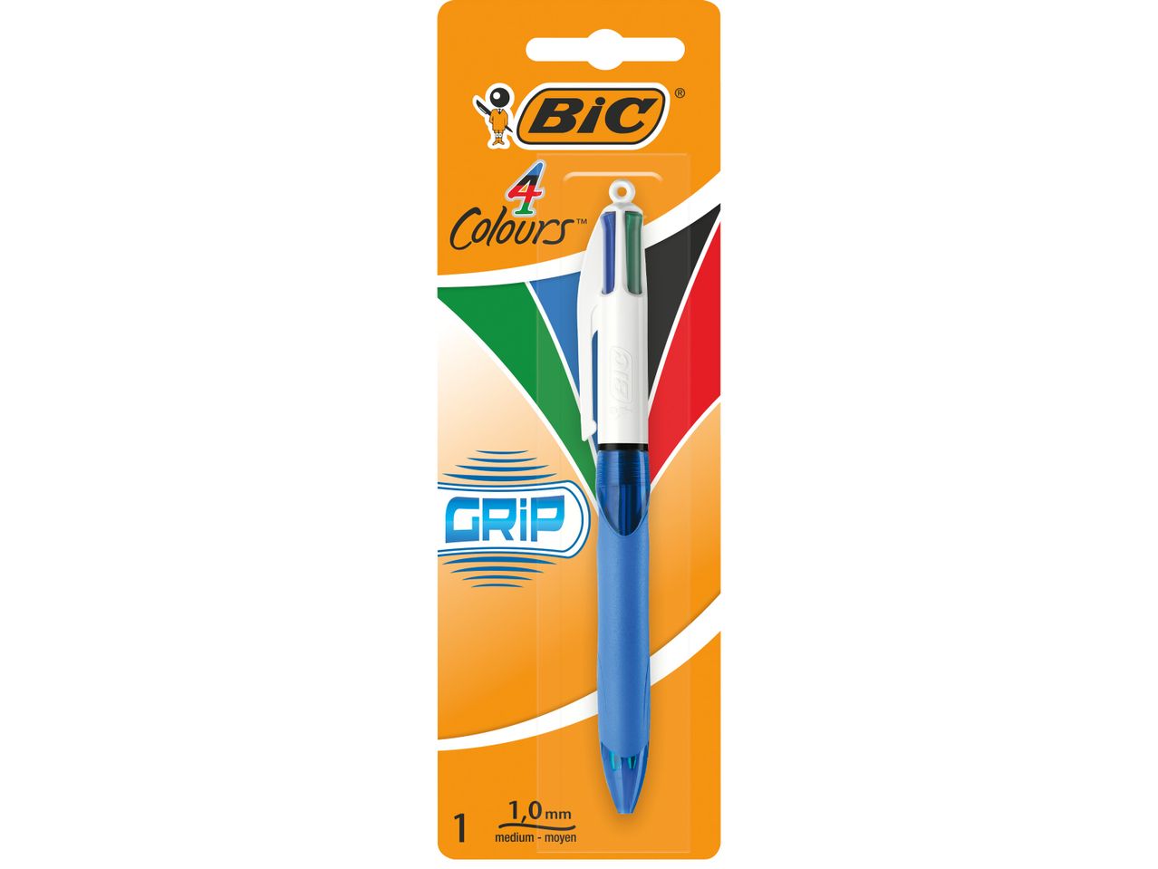 Опаковка на химикалка BIC 4 Colours Grip със синьо тяло и четири цвята мастило.