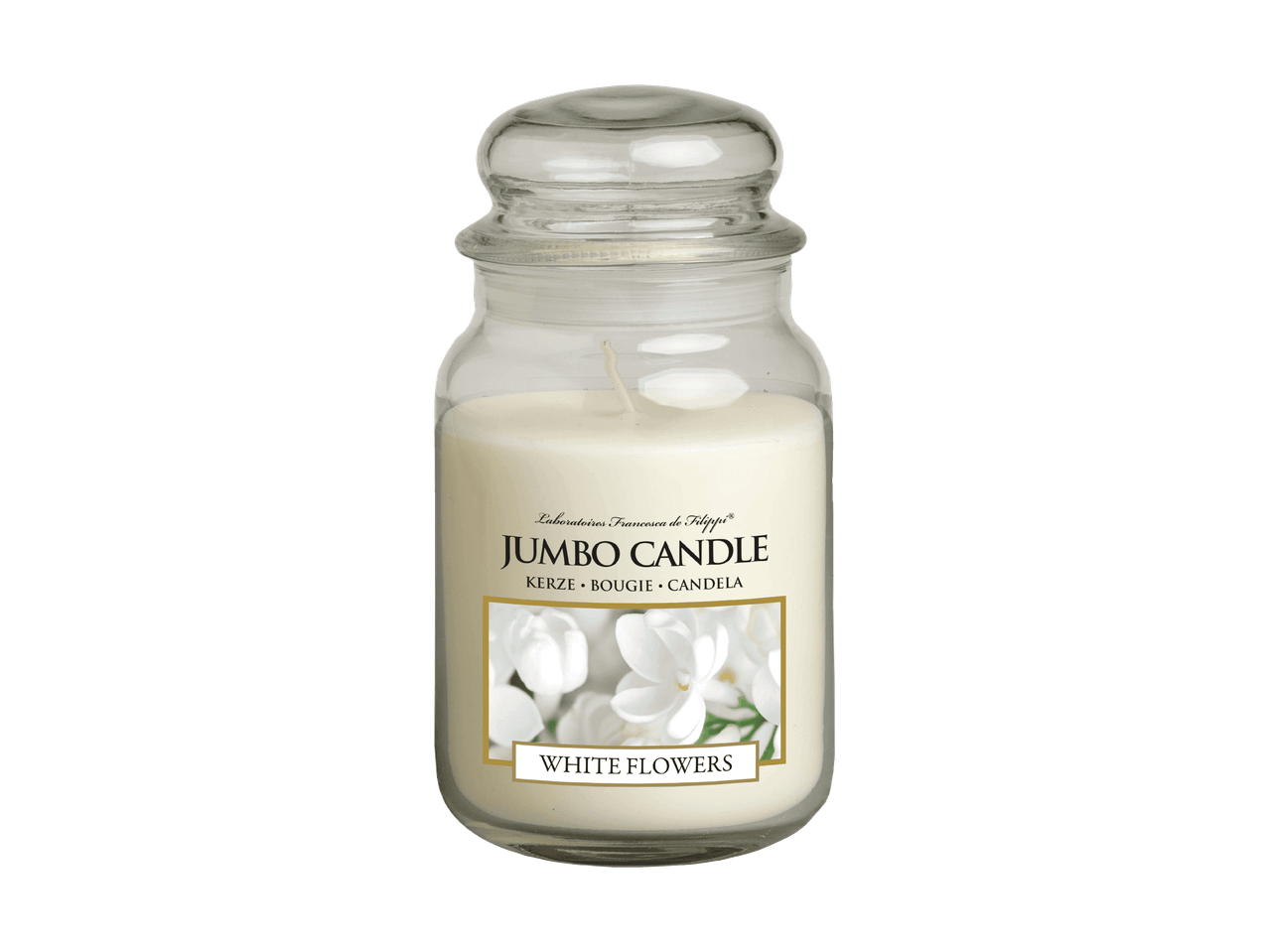 Große Duftkerze im Glasgefäß mit Deckel, Etikett mit weißen Blumen und der Aufschrift „White Flowers“.