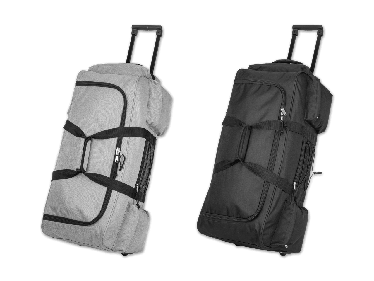 Zwei Rollreisetaschen, eine grau und eine schwarz, werden auf schwarzem Hintergrund gezeigt.