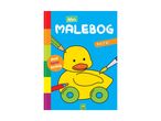 Malebog med en gul and på hjul, farveblyanter og pensel, med teksten 'Min Malebog Fra 2 år'.