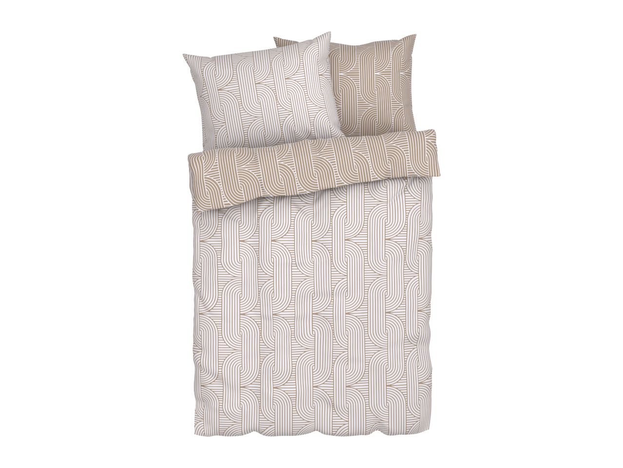 Duvet cover set with two pillows, featuring a geometric pattern in beige and white.