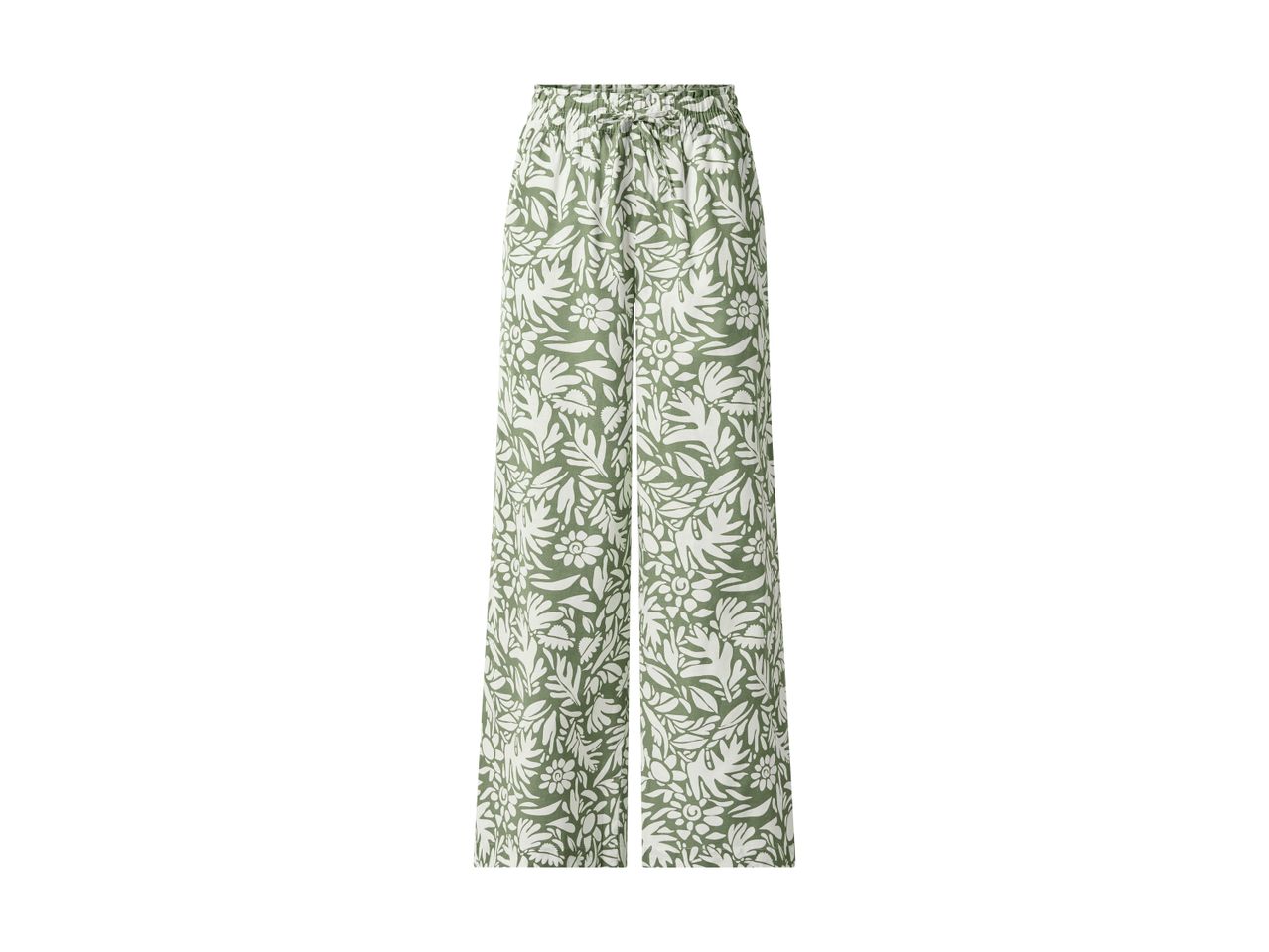Green and white floral print wide-leg trousers with a drawstring waist.