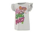 White short-sleeved dress with ruffled sleeves and a graphic print of a cartoon dog and text.