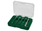 Set punte diamantate per piastrelle in una custodia verde e trasparente.