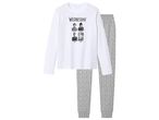 Wednesday Addams themed pajamas with a white long-sleeve top and grey patterned pants.