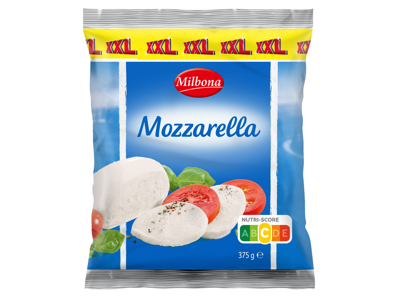 Milbona prekės ženklo mocarelos sūrio pakuotė su pomidorais ir bazilikais.