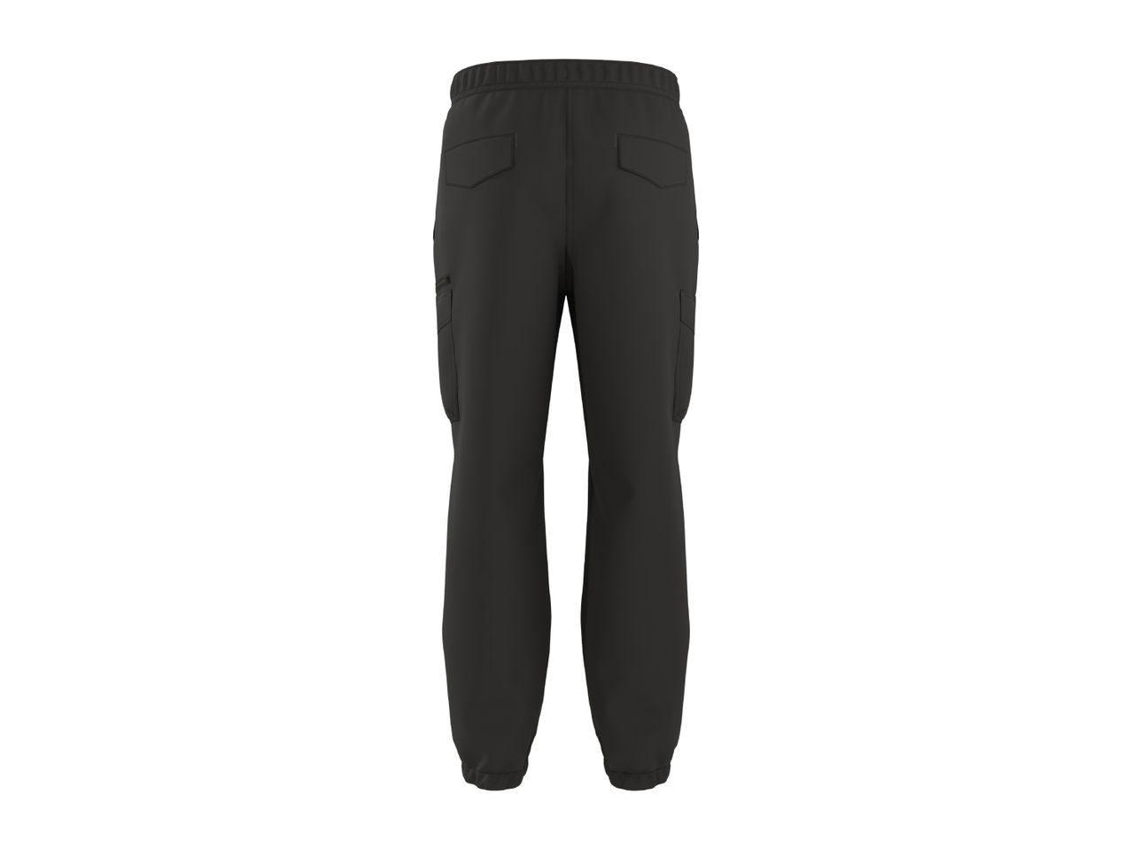 Dark grey cargo pants with an elastic waistband and cuffed ankles, viewed from the back.