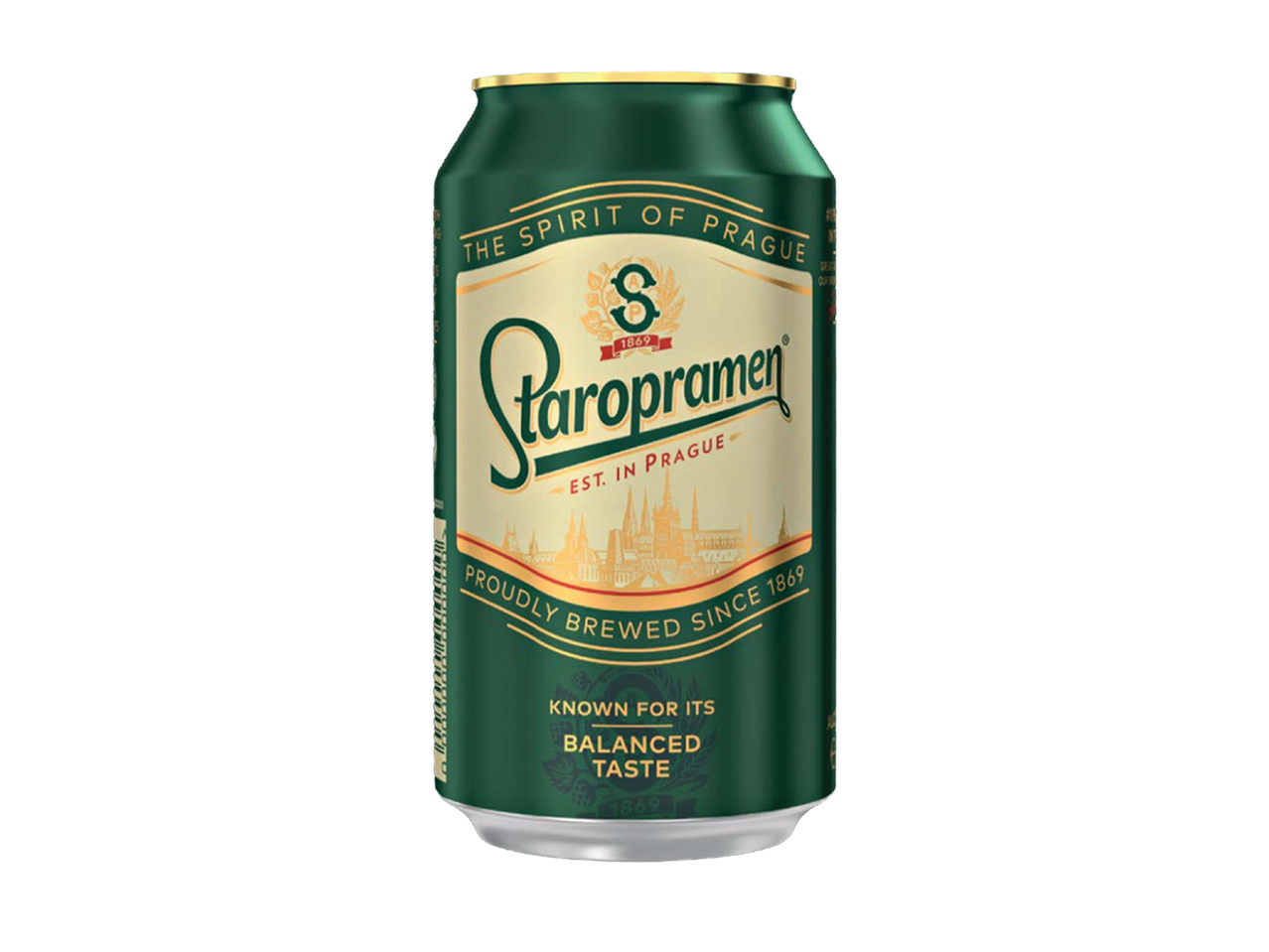 Zelena limenka piva sa natpisom „Duh Praga“ i „Poznato po uravnoteženom ukusu“.