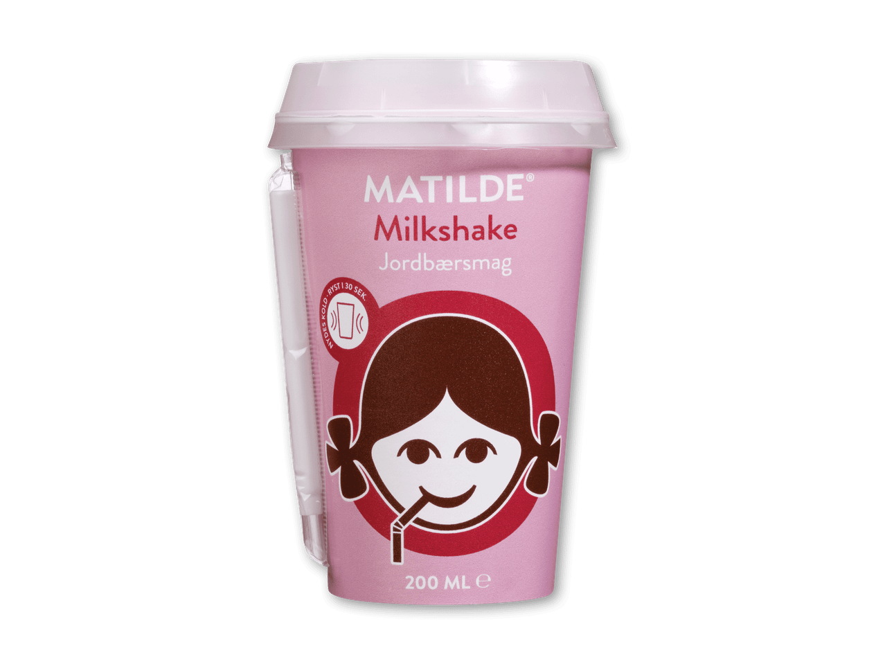 Lyserød milkshakebæger med jordbærsmag og tegneseriefigur.