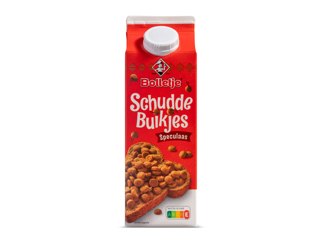 Rode verpakking met speculaasjes op brood en de tekst 'Schudde Buikjes Speculaas'.
