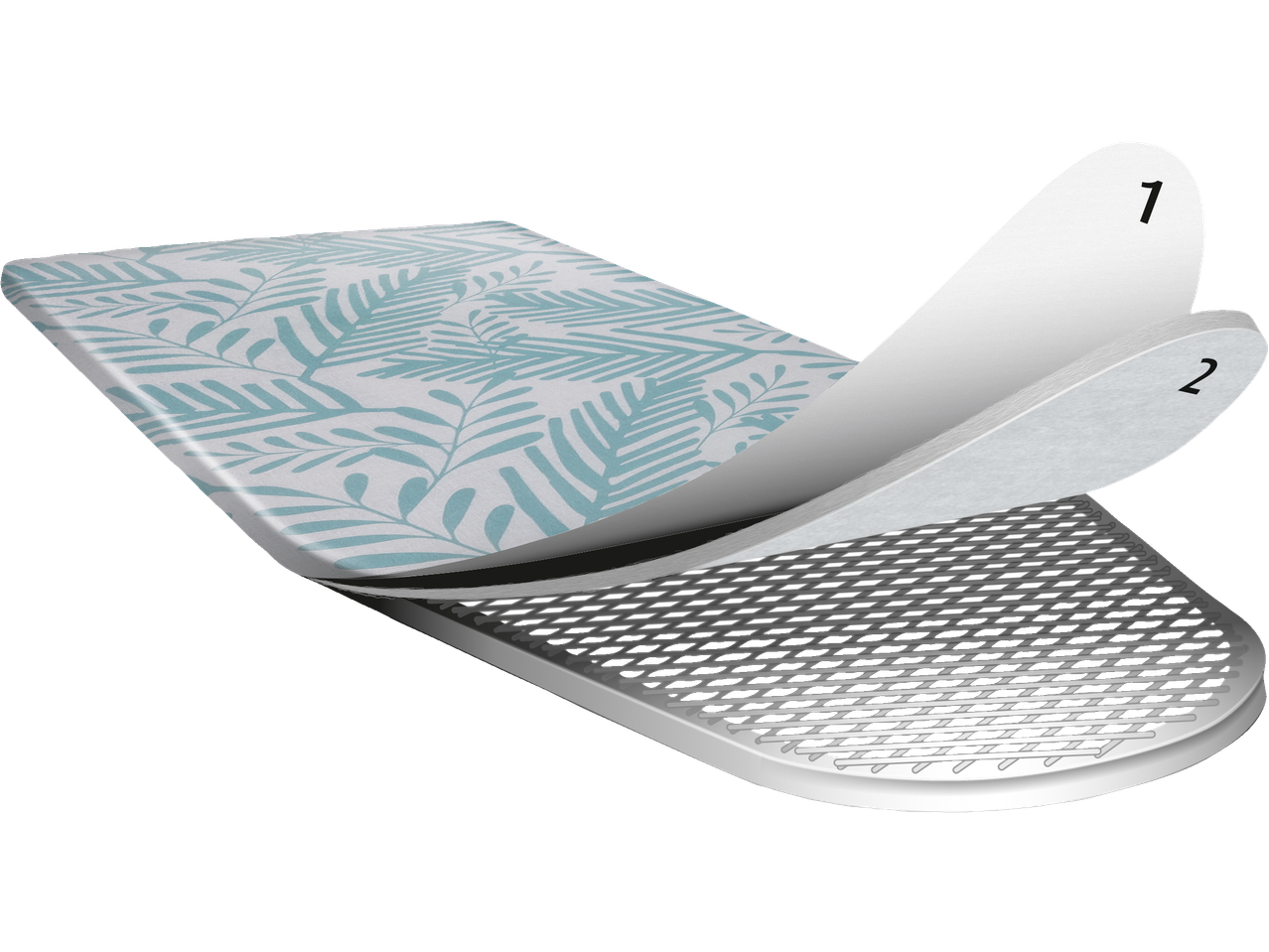 Capa de tábua de engomar W5 com padrão de folhas, mostrando as camadas 1 e 2.