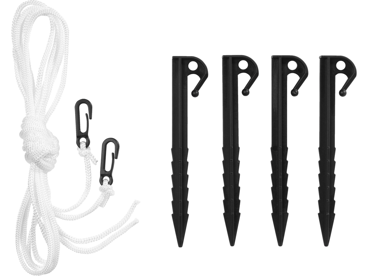 LIVARNO home inflatable LED Christmas star/figure accessories: white rope, two carabiners, four black ground stakes.